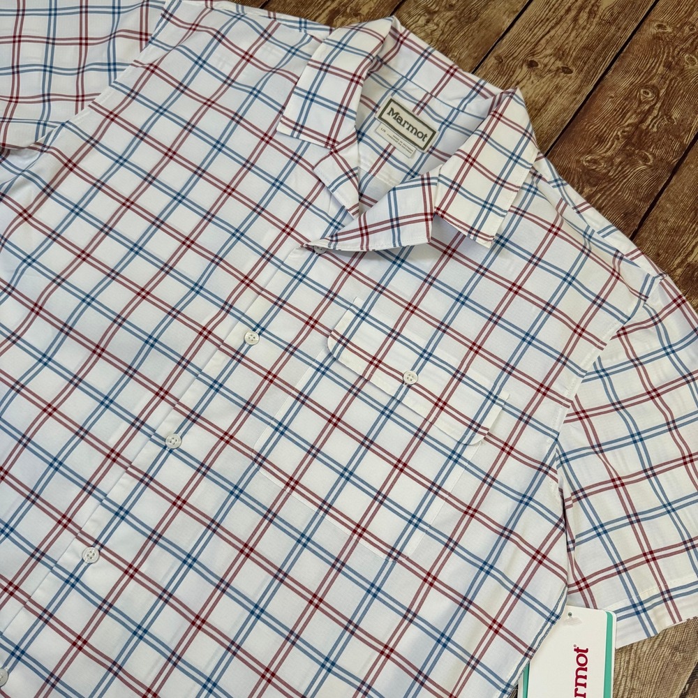Marmot AirExchange Camp Novelty Shirt Mens Large White Plaid UPF 40 Short Sleeve